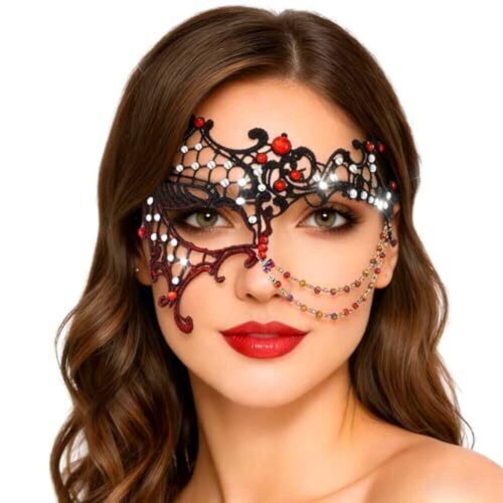 1439 Masquerade Lace Mask for Costume Party Shiny Beads Half Face Mask
